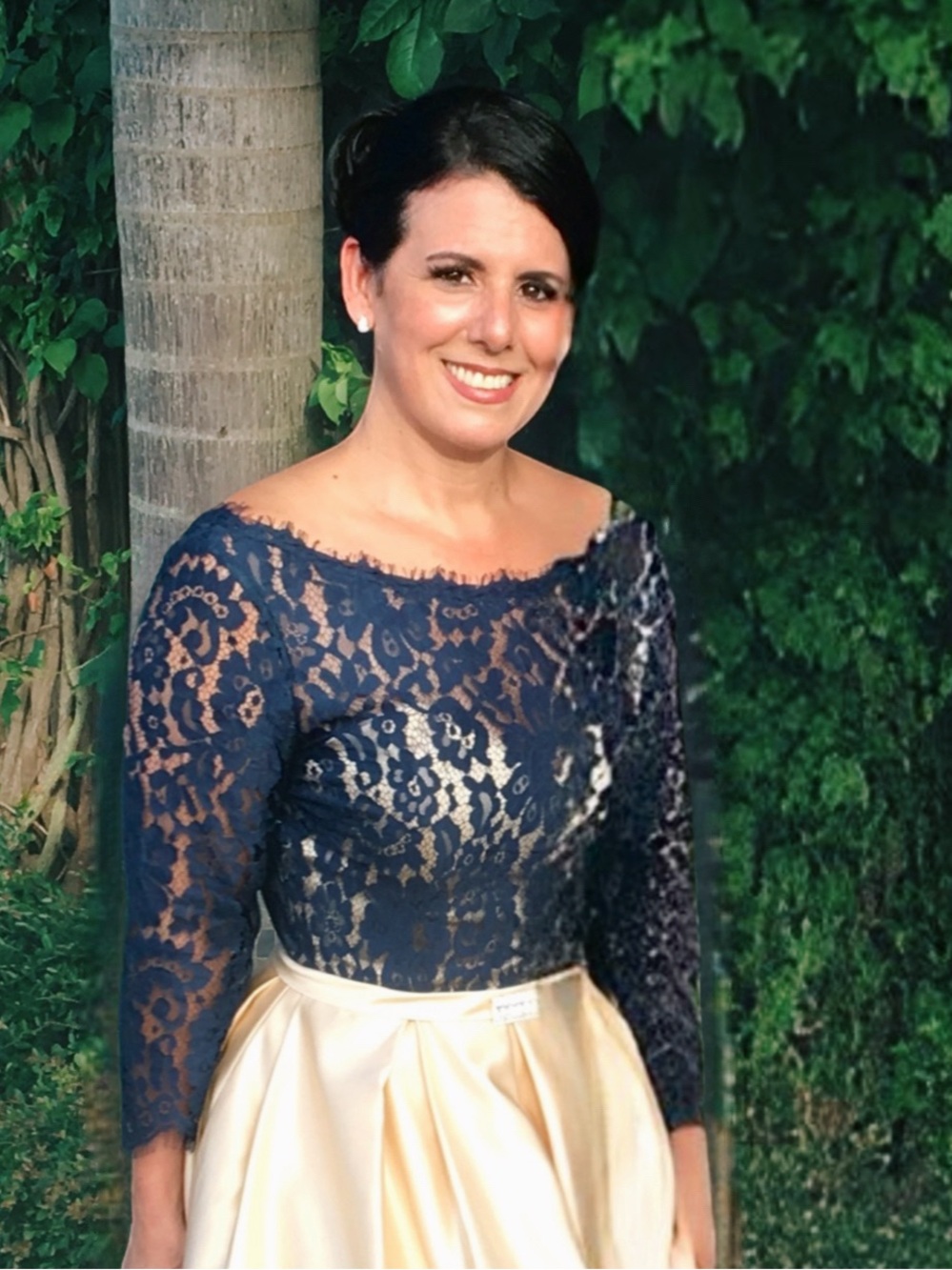 Navy Lace Champagne Satin Formal Gown Dress